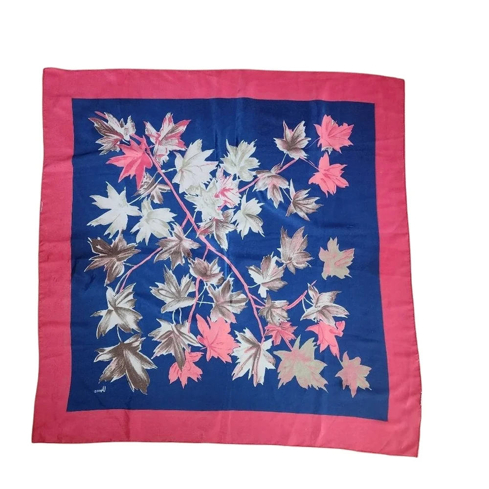 Vintage Uana Red & Blue Fall Leaves Silk Scarf